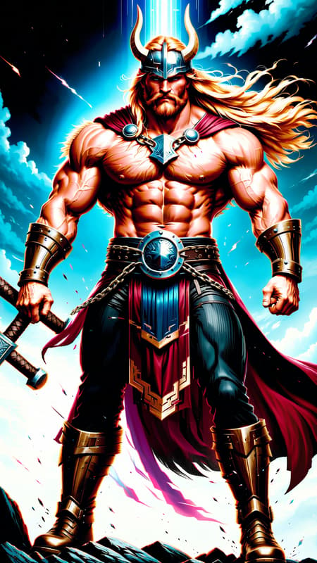 Ancient cleric of Thor,  Viking warrior and mystic. He is a healer and controller of weather--- but he mostly brings the lightning and thunder during battle. He is also a true Viking warrior. He wields a large metal war hammer, just like his pstron diety. Tall, muscular, big muscles, strong, fit. Wide back, broad chest, narrow waist, sinewy. Handsome masculine rugged face with icy blue eyes, strong brow and jaw, neatly trimmed mustache and Beard. He is strawberry-blonde, long shoulder length hair side parted and volumous. He wears a golden metal circlet around his head, it shines and glistens in the sunlight. He is bare chested, but wears heavy gold chain around his neck with s golden Viking hammer symbol. Gold metal pauldrons and shoulder pads on his shoulders. Brown leather o-ring harness on his massive chest. Brown leather bracers on his arms, thick brown leather belt around his waist, both adorned with bronze rivets. Black warrior pants on his muscular legs, brown leather knee-high boots on his feet. A dark crimson cloak on his back, blowing in the wind. He holds up his war hammer in his fist, his muscular arm raised up to the sky, the long hairs under his arm very visible. Full body pose, warroir stance and challenging the forces of darkness. He brings the lightning and the light. 