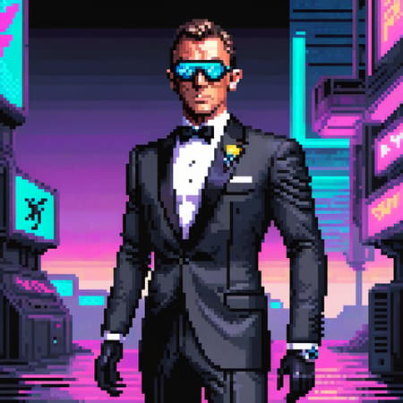 (james bond), (pixel art), detailed, torso, gloves, mask, goggles, action pose, suit, 007 james bond, surreal, strange, (full body 007 photo), vaporwave neon theme, man, portrait, open mouth, (upper body, looking away:1.1)