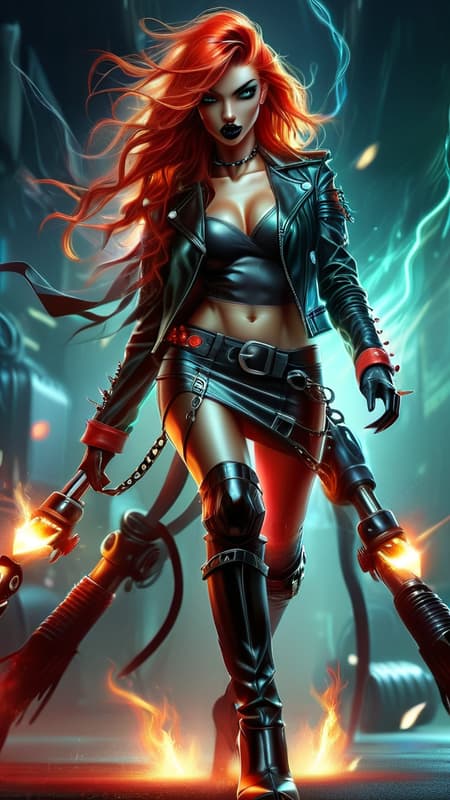 Heavy Metal biker Chick, super-hero . Feminine young woman. Long, wild flaming red hair swept back on one side, loose curls. Jade green eyes, moderate make-up, ruby red lips. Pretty, model girl, athletic, tall, busty. Black leather jacket, black spandex T-shirt, studded black leather bracelets on arms. Black leather mini-skirt, studded leather belt. Long legs, thigh high stiletto-heeled black leather boots.  Red energy/fire from right hand/fist, blue energy/fire from left hand/fist.  Full body pose. She always has a Harley motorcycle somewhere close by, high powered and lights on. 