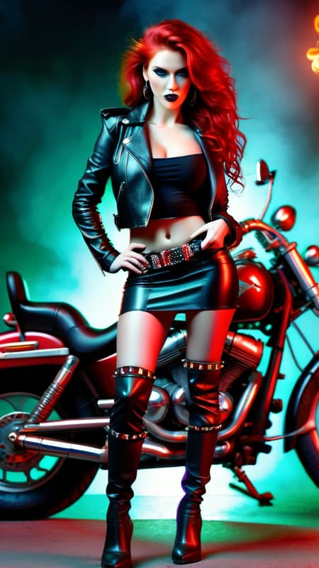 Heavy Metal biker Chick, super-hero . Feminine young woman. Long, wild flaming red hair swept back on one side, loose curls. Jade green eyes, moderate make-up, ruby red lips. Pretty, model girl, athletic, tall, busty. Black leather jacket, black spandex T-shirt, studded black leather bracelets on arms. Black leather mini-skirt, studded leather belt. Long legs, thigh high stiletto-heeled black leather boots.  Red energy/fire from right hand/fist, blue energy/fire from left hand/fist.  Full body pose. She always has a Harley motorcycle somewhere close by, high powered and lights on. 