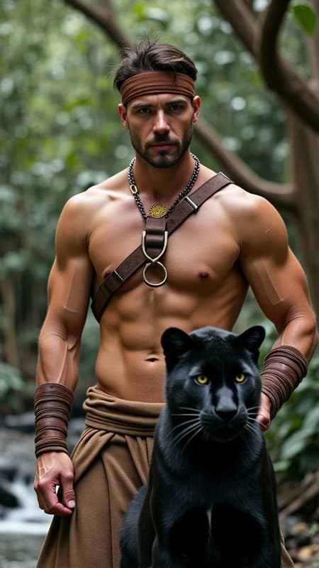 hypermasculine male, manly. Caucasian jungle man, dark brown hair short on sides longer on top. A brown leather band tied around the forehead. Tanned skin, smooth and hairless. Pale grey eyes with intense spiritual gaze. Strong brow and chiseled strong jaw, handsome, rugged looks. Soul patch on face. Tall, strong, muscular, sinewy, well defined, broad shoulders, broad chest, wide back. Olympian gymnast build/body. Gold necklace/talisman with leather strap around the neck. Wrapped brown leather bands around wrists, bands around tops of biceps, accenting big arms. Brown o-ring harness on the chest, strapped from the shoulder. Brown leather loincloth, barely covering  bulge in the groin area, exposing strong powerful legs. Soft, brown cloth knee-high boots wrapped around legs. Full body pose. He wields a unique bastard sword that he straps to his back. He keeps company with a huge, sleek black panther. ((MASTERPIECE))