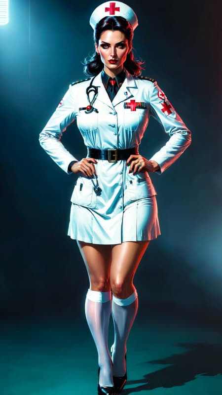 Dystopian future, Sci-Fi. Supervillain, nurse, bodyguard, Neo-Nazi? No one knows her actual age, she seems to recall World War II like she was actually there, though that was the early part of the 20th century. She is a nurse from back in those times, though she's a member of the Neo-Nazi party of the future. There are robots and super-soldiers where she is now.
She is a tall, full figured but muscular and fit woman, practically a giant at 6 ft 7. Caucasian woman of German descent. She is a matronly middle aged woman in her mid to late 60's (or so she appears to be). Her eyes are pale grey and very alert. Her hair is black with a few gray streaks in them; she keeps it pulled back and in a bun so she can wear her nurse hat. She wears no make-up, which makes her look very plain and frumpy, though she may have been beautiful once. She wears a white nurses uniform with a white lab coat on top. White stockings with white nurses shoes. There are indications she might have been a soldier once; she has all the discipline and demeanor of someone that was in the military. She is also a great warrior, able to fight in any style and use any weapon. Her weapon of choice is a hypodermic needle filled with her choice of poison, acid or tranquilizer. She has been called the "nurse of death" , at least to those that weren't on her side. She is a very subtle Nazi, though she does occasionally wear a tiny gold swastika pin on her uniform. She is stoic and stiff, no time for nonsense or frivolity. Full body pose, probably holding her hypodermic needle... Dystopian future, Sci-Fi. Supervillain, nurse, bodyguard, Neo-Nazi? No one knows her actual age, she seems to recall World War II like she was actually there, though that was the early part of the 20th century. She is a nurse from back in those times, though she's a member of the Neo-Nazi party of the future. There are robots and super-soldiers where she is now.
She is a tall, full figured but muscular and fit woman, practically a giant at 6 ft 7. Caucasian woman of German descent. She is a matronly middle aged woman in her mid to late 60's (or so she appears to be). Her eyes are pale grey and very alert. Her hair is black with a few gray streaks in them; she keeps it pulled back and in a bun so she can wear her nurse hat. She wears no make-up, which makes her look very plain and frumpy, though she may have been beautiful once. She wears a white nurses uniform with a white lab coat on top. White stockings with white nurses shoes. There are indications she might have been a soldier once; she has all the discipline and demeanor of someone that was in the military. She is also a great warrior, able to fight in any style and use any weapon. Her weapon of choice is a hypodermic needle filled with her choice of poison, acid or tranquilizer. She has been called the "nurse of death" , at least to those that weren't on her side. She is a very subtle Nazi, though she does occasionally wear a tiny gold swastika pin on her uniform. She is stoic and stiff, no time for nonsense or frivolity. Full body pose, probably holding her hypodermic needle...