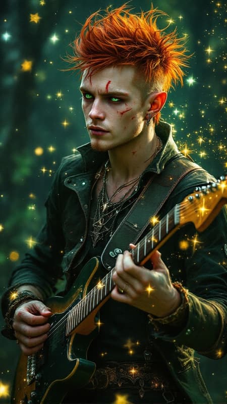 A character for Changeling: The Dreaming. Fairy tales in modern times. This character is is Clurichaun,  very similar to a Leprechaun, a male faery-being. He is a talented Rock musician, he sings and plays electric guitar. Unbeknownst to most people, he infuses a little magic into his music. What people think are special effects is him using his abilities. He sparkles and shines on-stage, surrounded by glittering stars. His voice can charm angels. And if things get dangerous or uncomfortable, he can disappear in the blink of an eye! 

Masculine Caucasian young college-aged man of Irish/Celtic heritage. Medium height, thin but muscular, lithe, sinewy. Fair skinned, coppery red hair, emerald green eyes that slightly glow. Thin, handsome rugged face with red soulpatch and freckles across his nose and cheeks. Strong brow and jaw, faux-hawk hairstyle short on sides and back,  longer and touseled on top. His ears are slightly pointed, as are most faery beings. He wears a small gold hoop in one of his ears. He grins and smiles easily. He is handsome and attractive. 

He wears a suede forest green vest with no shirt underneath. A gold necklace with a triskelle symbol on it, there is an emerald in the center.. Black leather bracers on his sinewy arms. He has a harp tattoo on his shoulder, signifying Ireland. Various gold rings on his long, slender fingers. Snug fitting dark green jeans embroidered with gold piping down the sides and pockets, a black leather studded belt around his waist. Black leather boots on his feet. He plays a guitar and smiles at the crowd, golden magic sparkling around him. Full body pose. 