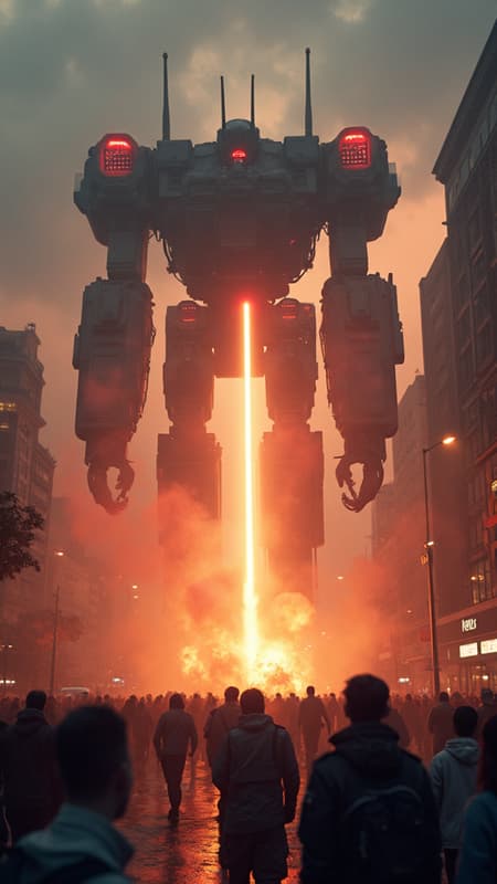 City Street Cybernetic Artwork In a bustling city street at twilight, a colossal cybernetic mecha, exuding an eerie and futuristic aura, unleashes a vast laser beam from its head. The brilliant beam slices through the evening air, casting vibrant hues and deep shadows onto the chaos below. Crowds of terrified people scramble in panic, their screams echoing amidst the cacophony of explosions and rising plumes of dust and smoke. This scene captures a cinematic hyper-realistic tableau reminiscent of a war of the worlds, rendered in striking detail with smooth gradients and vivid colors. High contrast enhances the dramatic tension of the moment, drawing inspiration from the works of visionary artists like Craig Mullins. The artwork includes distinctive text and a subtle watermark bearing the name of the artist and copyright information, adding authenticity to the breathtaking imagery.