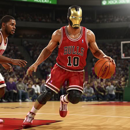 Marvel's Ironman skillfully dribbles a basketball on a sunlit court, dressed in a classic Chicago Bulls uniform with his iconic red and gold armor slightly visible beneath the jersey. The scene captures the essence of Xbox 360 graphics, portraying a surreal realism that melds technology and sports with striking detail. The emotive realism is evident in Ironman's determined expression, sweat glistening on his faceplate as he prepares to make a decisive move. The backdrop features a packed arena, fans frozen in suspense, their anticipation almost palpable. Amidst this action, the scene feels eerily realistic, as if Ironman has seamlessly integrated into the world of professional basketball, blurring the lines between superhero fantasy and athletic prowess.