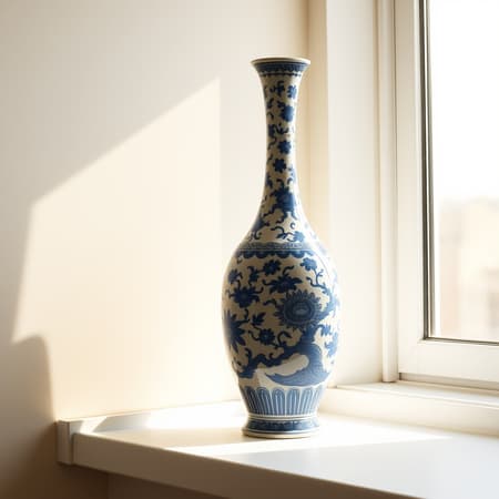 A beautifully detailed long-necked Chinese blue and white porcelain vase sits elegantly on a sunlit window sill, its intricate patterns mesmerizing in their complexity. The scene captures the essence of precisionism, depicting crisp lines and geometric balance, reminiscent of Christian Hilfgott Brand's style. Enhanced by soft, diffused studio lighting, the vase's glossy surface reflects delicate shades, creating a sense of depth and realism. The composition is rendered with a Provia-like color palette, emphasizing clean blues and whites, against warm studio light that gently hugs the curves of the vase. The background subtly fades, drawing attention to the refined craftsmanship of the porcelain masterpiece, in a panoramic 16:9 ratio, capturing all its regal allure.