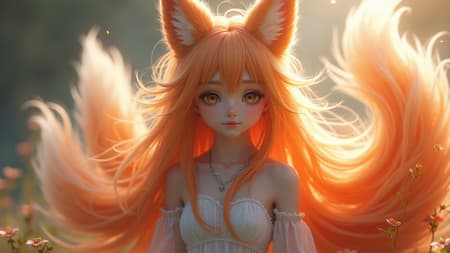 Fluffy nine-tailed fox girl inspired by Wlop and Guweiz, hyper-realistic photography style, with a focus on intricate details, high-resolution 8k quality, and gentle natural lighting. Emphasize the serene expression and the interplay of light and shadow on her delicate features. Maintain a sense of ethereal beauty with an artistic twist, capturing the mystical allure of her shimmering tails. The composition should exude a sense of harmony and wonder, inviting viewers into an enchanting world where reality and fantasy merge seamlessly.