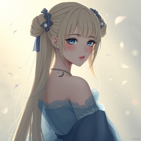 Girl Stands Bathed Artwork A solitary girl stands bathed in ethereal backlighting, her silhouette a vision of elegance. Her blonde hair cascades in very long twintails secured with ornate hair buns, gently adorned with delicate hair ornaments that shimmer subtly. Her bangs gently frame her face, where striking blue eyes meet the viewer's gaze with an enigmatic allure. A crescent mark graces her forehead, adding a touch of mystique, while matching facial crescents adorn her cheeks. She is clad in a soft, see-through blue dress that subtly hints at delicacy, its off-shoulder design revealing bare, graceful shoulders. A shawl drapes elegantly over her arms, mirroring the movement of floating petals that dance around her. Shimmering earrings and a delicate necklace complement her sophisticated fashion sense, reflecting the blueness of her attire. As she glances back, her parted lips softly suggest contemplation. Inspired by the timeless grace of Tsukino Usagi, she embodies a serene strength, with very long, flowing hair akin to a celestial reincarnation, captured in a timeless, close-up view.