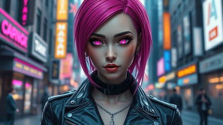 Sleek female android featuring vibrant magenta eyes and matching magenta hair, dressed in a stylish black leather jacket, set in a futuristic cyberpunk cityscape, outdoors on a bustling street, rendered with hyperrealistic detail and photorealism, 8k quality, created using unreal engine, and presented in a dynamic 3D visualization with expressive style, incorporating elements of neon lighting and intricate urban textures. Sleek female android featuring vibrant magenta eyes and matching magenta hair, dressed in a stylish black leather jacket, set in a futuristic cyberpunk cityscape, outdoors on a bustling street, rendered with hyperrealistic detail and photorealism, 8k quality, created using unreal engine, and presented in a dynamic 3D visualization with expressive style, incorporating elements of neon lighting and intricate urban textures.