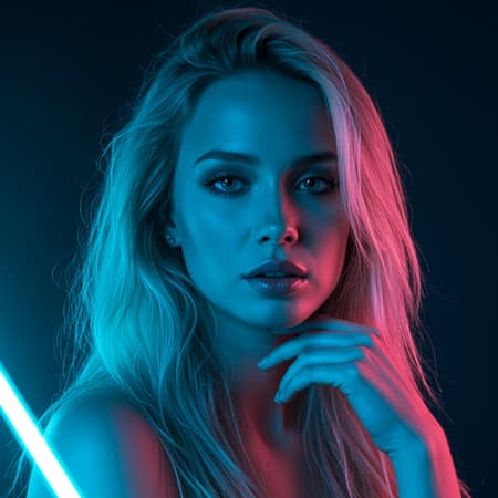 Digital art fashion editorial close-up portrait of a stunning blond woman in a studio setting, featuring double exposure effects with vibrant blue and neon lighting. The image captures a high-resolution, realistic quality, emphasizing professional photography techniques, with a cinematic angle and dynamic backlighting for a striking visual impact. The atmosphere is enhanced by subtle light reflections and a modern, ethereal ambiance.