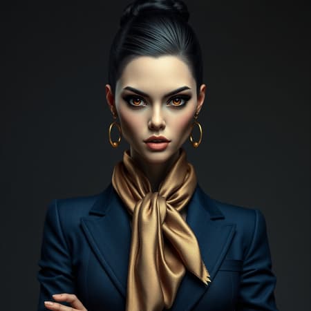 A commanding female businesswoman radiates power in her midnight blue pantsuit, adorned with a luxurious silk scarf and an impeccably styled sleek bun. Her vivid, penetrating gaze is captured with precise realism, enhanced by the use of gold leaf and metallic details that imbue the hyper-maximalist artwork with depth and dimension. This breathtaking, epic masterpiece seamlessly integrates elements of Art Deco and Art Nouveau with a modern flair, highlighting contemporary femininity and strength. cgi, 3d, doll, octane, render, lowres, text, error, cropped, worst quality, low quality, jpeg artifacts, ugly, duplicate, morbid, mutilated, out of frame, extra fingers, mutated hands, poorly drawn hands, poorly drawn face, mutation, deformed, blurry, dehydrated, bad anatomy, bad proportions, extra limbs, cloned face, disfigured, gross proportions, malformed limbs, missing arms, missing legs, extra arms, extra legs, fused fingers, too many fingers, long neck.