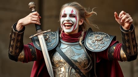 A fierce female warrior adorned in highly detailed European armor, woven with ornate patterns of gold and silver, her powerful arms exposed and poised, wielding a dagger with confidence. Her face is artfully painted with a mime's touch, blending pink and white hues, adding a whimsical contrast to her formidable presence. She is captured in a moment of joy, smiling and laughing with unrestrained warmth, embodying both strength and playfulness.