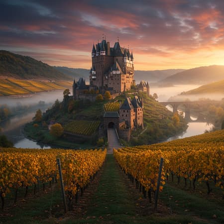 Professional concept art image of a grand medieval castle perched atop a hill, surrounded by sprawling vineyards with leaves turning shades of gold and crimson, a serene river winds through the landscape with a charming stone bridge, basked in the warm glow of dawn with soft volumetric light casting gentle shadows, ultra-detailed, high resolution, 8K quality, capturing the crisp clarity of a 35mm lens, a dramatic sky with streaks of pink and orange, a light mist hovering over the vineyards, adding a sense of mystical beauty, trending on artstation with impeccable detail and vivid colors.