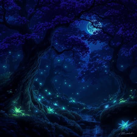 Floating through an ethereal forest aglow with fireflies, radiant flora, and moss-covered stones; shadowy trees stand under a deep indigo sky, where shimmering dew catches the gentle caress of moonbeams, casting an otherworldly glow in this enchanted night.