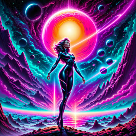 Create a vintage 80s sci-fi spectral neon gradient scene in a vibrant universe, catching a falling planet, The background should depict a black universe with subtle neon lights reminiscent of Boris Vallejo's techno-goa style album cover art.