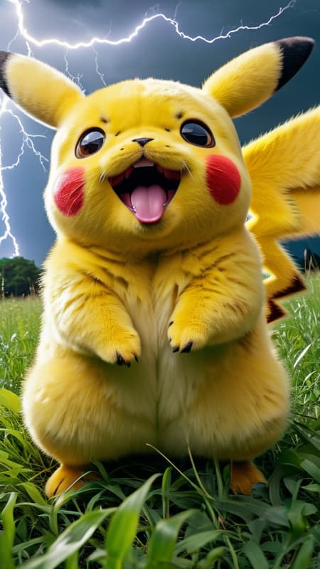 high quality art , taken with a professional grade camera with exquisite color grading , full body , massive pikachu , happy face ,mouth , tongue , fangs , pokemon , grass around , real , photoreal , strong legs and hands , fluffy , 35mm , lightnings and thunder around , (tries to hug:1.2) , large claws on hands, electric aura around