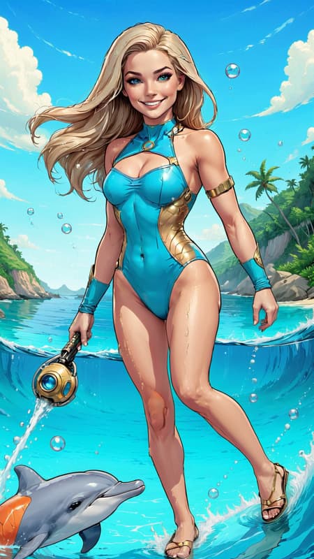 Super-hero, fantasy. Once, she was a dolphin in the ocean that magically became a beautiful woman, then a super-hero! She can pull water vapor from the air to create water streams she can blast her enemies with. She can also use sonar to send out signals and increase her vision underwater. She also has a high pitched squeak that can do sonic damage and mind damage to her targets. She also has an aura of bubbles-- invisible on land, but very visible beneath the waves! She can also swim at very high speeds. 

Tall, caucasian female with aqua colored eyes and long pale blonde hair, all one length and combed back. Pretty face, usually smiling. She wears a one-piece aqua-blue swimsuit that goes up to the neck and clasp in the back. There is a waves graphic printed on the front of the swimsuit. She wears short gold gauntlets on her arms, and a metallic gold  belt around her waist; it contains tiny tools that she can use on her adventures. She wears a pair of aqua-blue slide on shoes-- they have no heels and only come up to her ankles, allowing her freedom of movement. She is a happy and adventurous person, so she's always smiling. Full body pose, probably on the beach or swimming. There are always dolphins nearby. 