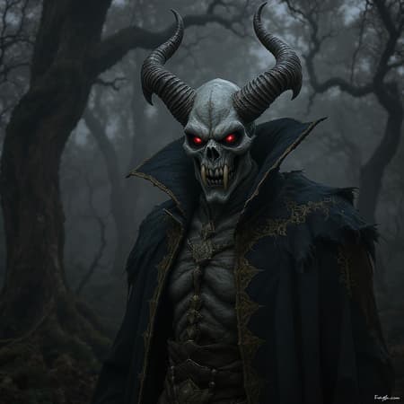 Terrifying ancient Strigoi vampire with a menacing presence, horror-inspired, intricately detailed features, high dynamic range lighting casting eerie shadows, intense expression, glowing eyes, sharp fangs, decrepit yet regal attire, haunting atmosphere, set in a foggy ancient forest with gnarled trees in the background, vertical composition, focus on texture and depth, ominous mood, unsettling yet captivating aura.