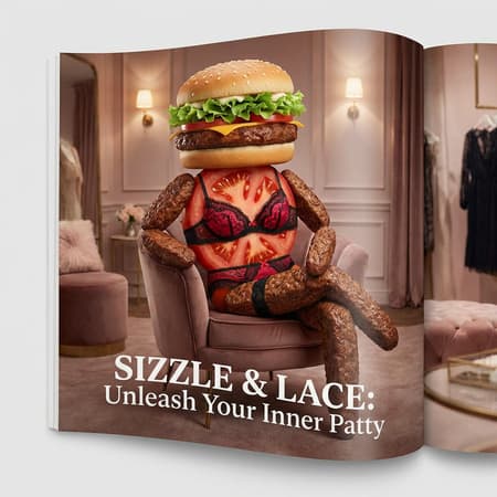 Hamburger Woman In Lingerie Advertisement An ad for lingerie featuring an attractive hamburger woman wearing it (not human only hamburger)