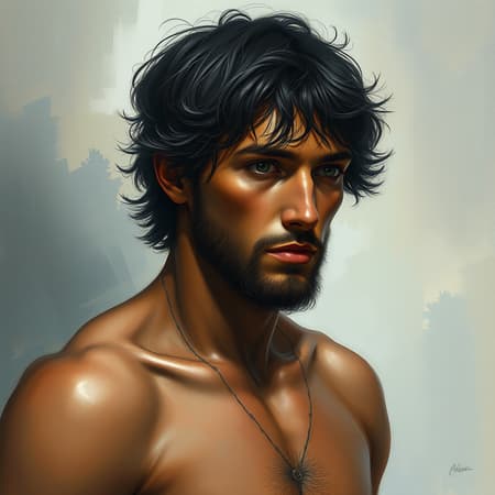 Adam the primordial figure, depicted with russet skin and short, dark hair, inspired by biblical and gospel narratives. A digital painting blending watercolor and oil techniques, capturing a painterly quality reminiscent of the styles of Jeremy Lipking, Antonio J. Manzanedo, and Alphonse Mucha. Infused with the classical essence of Fuller Graves, Bartolome Esteban Murillo, JC Leyendecker, Craig Mullins, and Peter Paul Rubens. This piece exudes a detailed and high-definition portrayal, incorporating CGSetivity and presented on ArtStation in 8k resolution for a touch of photorealism. Concept art reflecting official trends on ArtStation, exquisite and timeless.