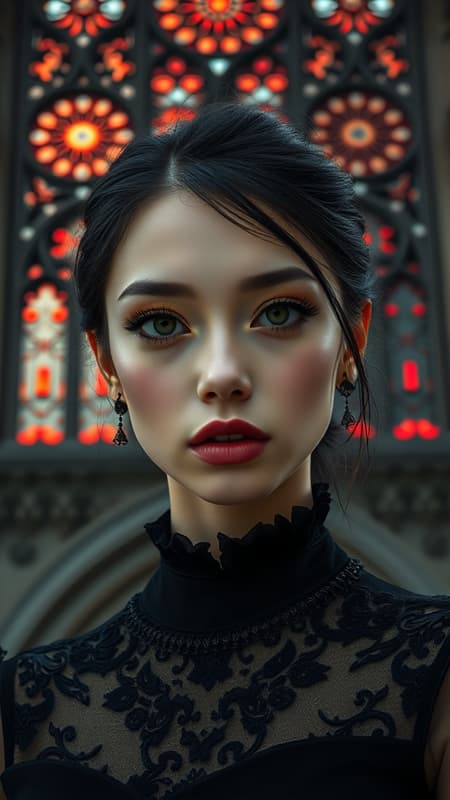 Gothic girl in elegant black attire, captivating and flawless face, macro head shot view, set against the backdrop of an imposing gothic cathedral, capturing a perfect photograph with no decaying lines. The cathedral's windows gleam with reflections of red flame lights, adorned with intricate delicate mandala ornaments. Captured in stunning 8k, UHD, HDR, presenting a model with ethereal qualities. Avoiding anomalies such as duplication, mutation, or distortion, featuring natural facial symmetry, balanced proportions, and expressive eyes. The image maintains clarity and detail, free from low resolution issues, blurriness, or visual artifacts. The composition is pure, without any distracting elements like watermarks, logos, or text, and each element remains fully in frame, providing a cohesive and striking portrait.
