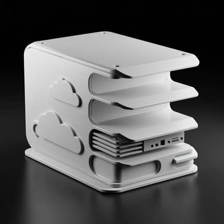 Futuristic avant-garde 3D printed external hard drive rack with cloud silhouettes on the sides, featuring high-quality intricate details and smooth flowing curves, constructed from shiny and durable white plastic, enhanced by dramatic lighting in a tech product photoshoot.