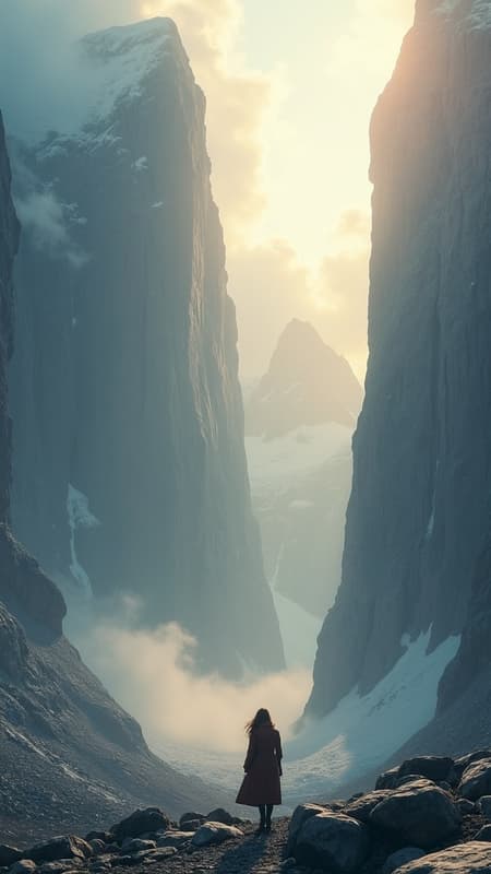 A lone woman stands at the base of an infinitely tall mountain, she is tiny against the colossal vertical wall of rock, wide cinematic shot from behind and slightly below, the mountain rises beyond the frame into clouds and faint aurora like mist, sacred silent atmosphere, wind moves her coat and hair, ancient stone and ice textures with towering cliffs and deep crevasses, soft sunrise light breaks through high fog and creates god rays, warm gold highlights on cold slate rock, long shadows and dramatic scale, subtle floating dust and drifting snow, centered composition with vast negative space, spiritual monumental epic mood, photoreal cinematic still, 24mm lens look, high resolution, crisp detail, atmospheric depth.