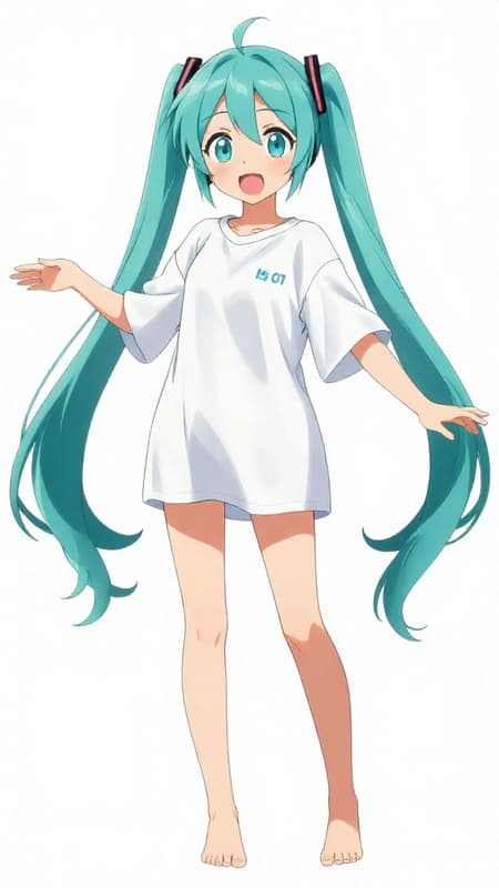 Anime character, Hatsune Miku, full body shot, standing, arms outstretched, wearing an oversized white t-shirt with "M1" and "01" logos in light blue, long flowing aqua pigtails, bare feet, wide-eyed, open mouth, blushing, light blue eyes, light skin. Clean line art, cel shading, bright studio lighting, soft shadows, cheerful and innocent mood. White background.