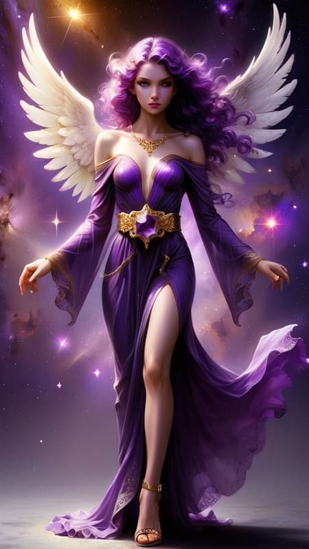 They say that purple stars don't exist in space, or that we can't see the light they emit...but they do, and there is an Angel that resides over them. She is a beautiful Angel with huge wings with Violet, purple, magenta, amethyst, lilac and magenta wings. She appears as a feminine Caucasian woman-- tall, statuesque, strong, slender but athletic. Her hair is black with streaks of purple throughout, swept back on one side, curly Bangs swept to one side with long loose curls falling over her shoulders. Her eyes are bright Violet and shine like jewels, her lips magenta, her face modelesque and pretty.  There is a glowing bright Violet halo over her head. She wears a shiny metallic long sleeved off the shoulder gown, the sleeves lacey and delicate. She wears a gold necklace around her neck with an amethyst stone pendant. Gold bracelets on her wrists, and a metallic gold belt with amethyst stones around her waist. The bottom part of her gown is flowing gently, she wears golden high heeled sandals on her feet. She stands on the edge of a galaxy, and there are purple stars where she resides. She carries a golden jeweled sword that vanquishes evil and darkness. She is God's Angel of mystery and all things unkown. Full body pose. They say that purple stars don't exist, but SHE DOES... 