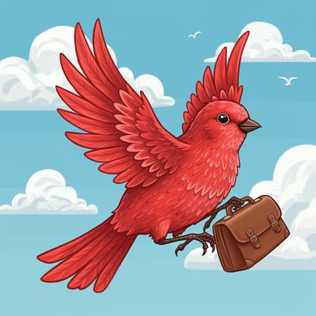 A logo design for a travel website featuring a vibrant red bird, elegantly detailed with white-tipped wings, gracefully clutching a vintage-style travel bag in its talons. Set against a backdrop of a serene blue sky dotted with fluffy white clouds, the scene embodies an intricate, storybook quality reminiscent of Beatrix Potter's artwork. The overall aesthetic captures the essence of cottagecore, highlighting nature's charm with subtle rustic elements. The design is rendered in ultra-high 8K resolution, ensuring a highly detailed portrayal, captured at a dynamic 45-degree angle for a sense of motion and adventure.