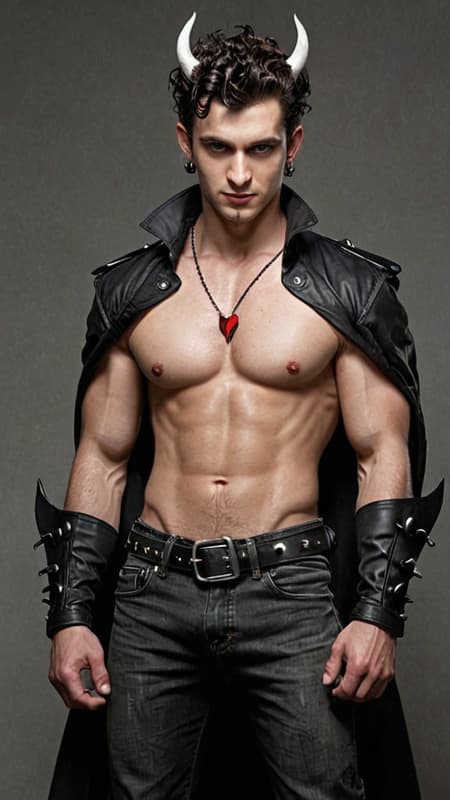 Super-hero. Sex symbol. DEMON?!!!  He used to be a bad guy, now he fights the good fight against evil! He's part of a super-hero team, and he brings the rage and the beat-down when neccessary--- but he's so cute while doing it, and all the girls just love him! 
Medium height but muscular, sinewy, well defined, lithe.  Masculine Caucasian male, handsome and cute. Hairless face other than soul-patch. Black curly hair in a tight faux-hawk, shaved on the sides and back, curly up top. Pointed ears. Sometimes during battle or an angry moment, a small pair of ivory white horns will pop out of his temples. His eyes glow red, but they're usually behind a pair of dark sunglasses. His fangs only show if he's angry or smiling-- he usually smiling and winking at some cute girl. He has retractable claws, they only pop out during battle. He prefers to wear muscle crop-top shirts to show off his abs, and really form-fitting pants to show off "other things". A pair of black leather combat boots on his feet. He wears a black trenchcoat with the sleeves cut off, open to reveal his outfit. He has a prehensile tail with a heart shaped tip, he usually keeps that hidden under the trenchcoat unless he's in battle or teasing some cute girl. He loves all the flirting and great PR he gets with his group. Full body pose, probably winking and smiling at some cute girl! 
{{{Prehensile tail with heart shaped tip}}} 