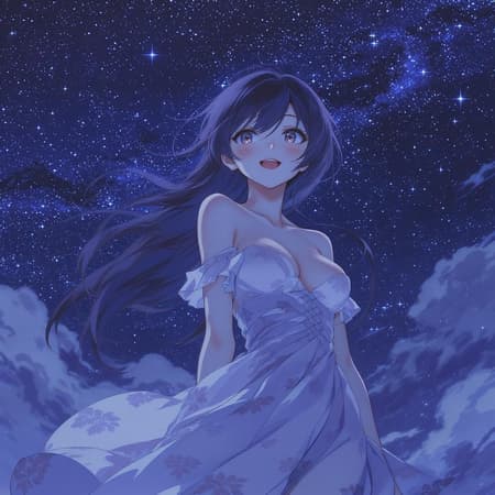 Young woman in airy attire, style reminiscent of Oyari Ashito, set against a starry night sky, nighttime backdrop, close-up expression of contentment and joy, manga-inspired visuals, anime illustration, contrasting lighting with vivid hues, top-tier quality and detail, immersive first-person experience, deep shadows, vibrant tones, drifting clouds, atmospheric --q 2 --ar 9:16