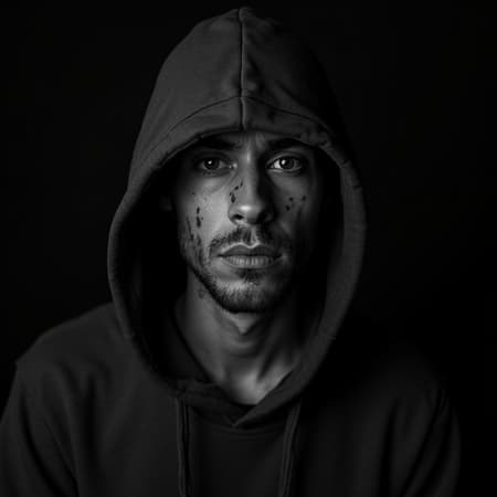A close-up black and white portrait of a man with facial scars, wearing a hooded sweatshirt and exuding a serious demeanor. He stands in a dimly lit room, illuminated from behind, with sharp focus on his intense eyes that draw the viewer in. The image was captured using a vintage Leica M6 film camera with an f/2 lens, creating a striking depth of field effect. The photograph has a high contrast and grainy texture, with shadow play emphasizing the rugged contours of his face. The hood casts a soft, airbrushed effect across his features, adding a sense of mystery and depth to his persona, reminiscent of classic portrait photography styles.