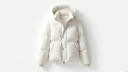 A luxurious milky white winter puffer jacket inspired by Adidas' design trends, with a creative twist influenced by Kanye West. The jacket features intricate and detailed textures, showcasing high-fashion elements with a contemporary urban edge, set against a clean white background. Designed to exude elegance, the garment uses advanced materials for an octane finish, highlighting its opulent and modern appeal. Rendered in 4K quality, the craftsmanship is meticulously detailed, combining innovative structure with minimalist aesthetics.