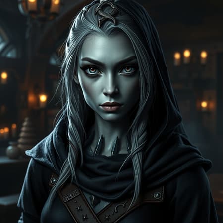 A stunning Drow thief from the D&D Circle of Stars, with mesmerizing eyes and a realistic, detailed face, captured in a full-body digital portrait. She has gray skin and exudes an aura of dark fantasy, standing confidently in a Medieval Tavern background. The scene is illuminated with moody, dramatic lighting, enhancing the atmosphere. The image is envisioned in 8k UHD HDR quality, featuring a beautifully designed female character with accurate proportions and no imperfections like extra fingers or facial mutations. Her attire blends seamlessly with the tavern's ambiance, contributing to the scene's immersive feel.