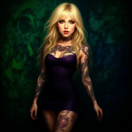 A highly detailed portrait of a blonde tattooed woman in a mini dress, inspired by the styles of Atey Ghailan, Greg Rutkowski, Greg Tocchini, James Gilleard, Joe Fenton, and Kaethe Butcher. The artwork features a gradient of green, black, purple, and neon colors, embracing a grunge aesthetic with a graffiti-tagged nightclub wall as the background. The scene emanates an edgy and vibrant energy. The woman's pose and expression are striking and confident, showcasing the intricate designs of her tattoos. Despite the dynamic composition, the artwork retains a sense of harmony and balance, with careful attention to detail in anatomy and proportions. The atmosphere is electric, capturing a moment of rebellion and artistic flair.
