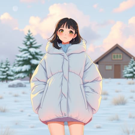 A whimsical digital illustration featuring a woman in an oversized poncho puffer jacket, capturing the essence of OffWhite with a touch of Tumblr aesthetic. Inspired by the unique style of Yanjun Cheng, this artwork blends lofi girl internet meme vibes with elements trending on Dezeen. The scene is reminiscent of a catalog photo, brought to life as a 3D render with influences from artists like Beeple, Rhads, and Lois van Baarle. Illustrated in a cartoon style with bright pastel colors, this retro anime girl exudes charm and creativity, making it a beautiful and captivating piece.