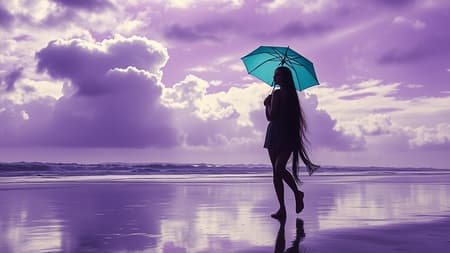 A woman with long hair cascading to the ground walks gracefully across a rain-soaked beach, her silhouette outlined against a vibrant purple sky. She holds a delicate cyan parasol umbrella, offering minimal shelter from the gentle rain. The wet reflections on the sand glisten under the soft interplay of sunlight filtering through breaks in the ominous clouds. The partially clouded skies create a dramatic backdrop of beautiful, shifting cloud formations, reminiscent of a scene painted by Albert Bierstadt.