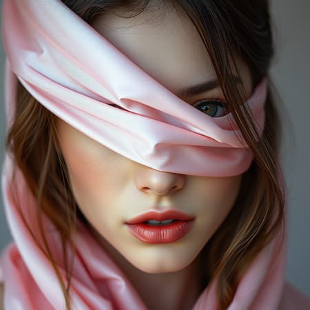 A hyperrealistic and photorealistic depiction of a woman with her eyes gently covered by a pink silk strip, capturing intricate details and soft realism. The composition features pastel colors with a touch of babycore aesthetic, presented in ultra-high definition. The image showcases a 1:2 aspect ratio with a subtle, dreamlike ambiance and creative reinterpretations of the original concept.