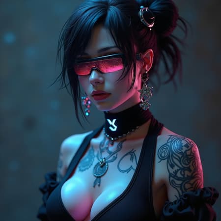 Photorealistic portrait of a futuristic gothic woman, focus on breasts, medium round breasts, with neon tattoos and holographic accessories, intense blue eyes, dark hair, messy hair, piercing, smooth and flawless skin, stark cinematic lighting, side spot lighting, cyberpunk fantasy style, in the style of octane render, 3D game art, in the style of Unreal Engine 5, electric volumetric light, ultra-sharp focus, HDR, in the style of Unreal Engine, HDRI, ray tracing, 8K. Masterpiece, best quality, highly detailed, vivid focus, dynamic lighting