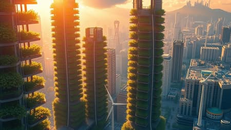 A breathtaking vision of a solarpunk cityscape, featuring towering vertical gardens and golden sunlight filtering through sleek solar panels. This scene showcases ecological sustainability with intricately detailed wind turbines set against a vibrant city background. Inspired by the visionary futurism of Hayao Miyazaki, the image captures the essence with a Nikon D850 and film stock photography, utilizing an f1.6 lens to deliver rich colors and hyper-realistic, lifelike texture. The dramatic lighting amplifies the vibrant contrast typical of Cinestill 800 film, providing a bright, immersive experience. Despite being low resolution, the image maintains clarity and avoids common art pitfalls like text errors, missing or extra digits, poor anatomy, or deformation, ensuring a visually pleasing presentation free from artifacts, tiling, or watermarks.