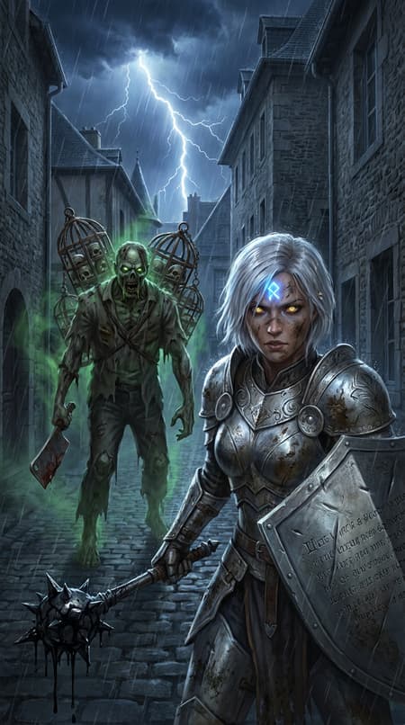 Female warrior in ornate silver armor with short white hair and glowing yellow eyes, dirt smeared on her face, and a glowing rune on her forehead, holding a mace dripping black liquid and a large, battered shield with engraved text, in the foreground. Behind her, a massive, grotesque zombie with glowing green eyes and green mist emanating from its body, carrying a rusty meat cleaver and cages with skulls attached to its back, stands in a dark, rainy alleyway with old European-style buildings. Lightning flashes in the dark, stormy sky. Digital art, dramatic lighting, grim and intense mood, dark and muted colors with striking green and yellow accents. Highly detailed, fantasy art.