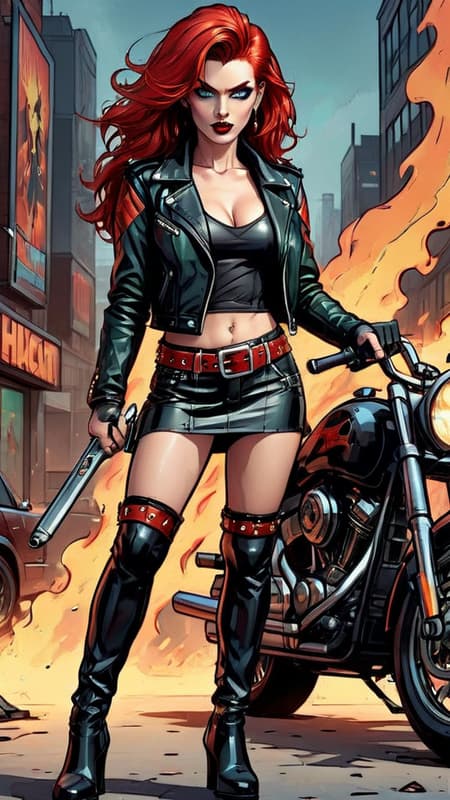 Heavy Metal biker Chick, super-hero . Feminine young woman. Long, wild flaming red hair swept back on one side, loose curls. Jade green eyes, moderate make-up, ruby red lips. Pretty, model girl, athletic, tall, busty. Black leather jacket, black spandex T-shirt, studded black leather bracelets on arms. Black leather mini-skirt, studded leather belt. Long legs, thigh high stiletto-heeled black leather boots.  Red energy/fire from right hand/fist, blue energy/fire from left hand/fist.  Full body pose. She always has a Harley motorcycle somewhere close by, high powered and lights on. 