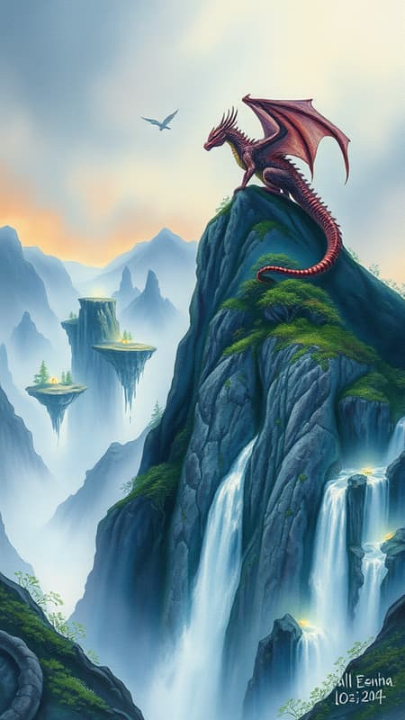 A magnificent Dragon nestled atop a rugged mountain peak, gazing over an enchanting valley where ethereal islands drift amid cascading waterfalls. The scene is bathed in the gentle luminescence of bioluminescent flora, creating an aura of timeless mystery and enchantment. This watercolor painting on textured paper captures the dragon's regal presence, with the landscape's soft hues and shimmering lights adding layers of depth and wonder to the mystical tableau.