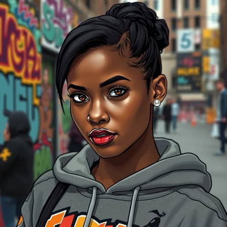 A young woman with a striking pearl earring in her ear, her expression sharp and thoughtful, wearing a hoodie with urban street art designs. Her eyes are bold and confident, reflecting a modern twist on classic elegance, set against a vibrant cityscape backdrop with graffiti walls and bustling energy. The style is reminiscent of Aaron McGruder’s bold lines and dynamic storytelling, capturing a seamless blend of hip-hop culture and timeless beauty.
