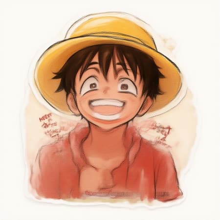A minimalist anime-style sticker featuring Monkey D. Luffy from One Piece, wearing his iconic straw hat and radiating happiness and success. The design captures his adventurous spirit and vibrant energy, trending on ArtStation, set in an eye-catching 2:3 aspect ratio with subtle creative enhancements to highlight Luffy's charismatic personality.