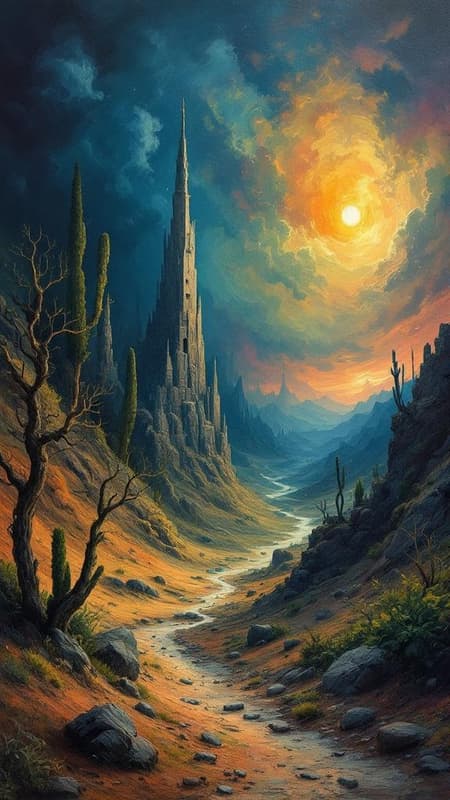 An oil painting in the style of Salvador Dali, a surreal landscape, dramatic, moody, suspenseful. lots of fine details. colourful. 4k.