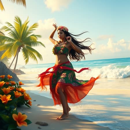A stunning traditional Hawaiian hula dancer gracefully moves on a pristine tropical beach, surrounded by lush palm trees and vibrant flowers, her movements echoing the gentle rhythm of the ocean waves. The ethereal and dreamy scene is captured in a photo-realistic oil painting style. Influences of Studio Ghibli's enchanting storytelling and Robert Wyland's deep appreciation for marine life are evident in the serene underwater elements subtly woven into the landscape. Dramatic cinematic lighting enhances the scene, casting soft shadows and golden highlights, while the use of a 50mm lens perspective brings a hyper-realistic and highly detailed focus to her traditional attire and flowing hair. The warm colors and delicate brushstrokes create an alluring atmosphere that is both magical and deeply connected to nature.