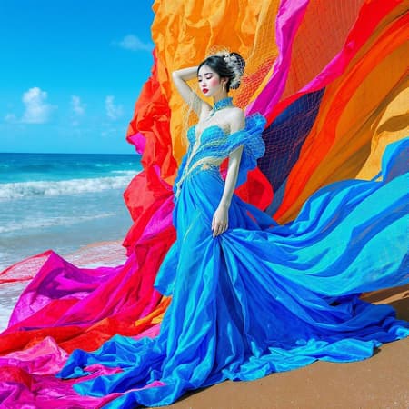 AI Woman Blue Design A Chinese woman in a flowing blue dress stands gracefully on the beach, embodying the ethereal elegance of a fashion model. Her pose, reminiscent of Botticelli's art, harmonizes with the vivid, bright colors surrounding her, as if plucked from a vibrant environmental artwork. The delicate netting wrapped around her adds an intriguing layer of mystery, hinting at her gradual disappearance into the serene landscape. The scene, infused with hints of Greg Broadmore's imaginative style, captures a mesmerizing blend of human beauty and nature's splendor.