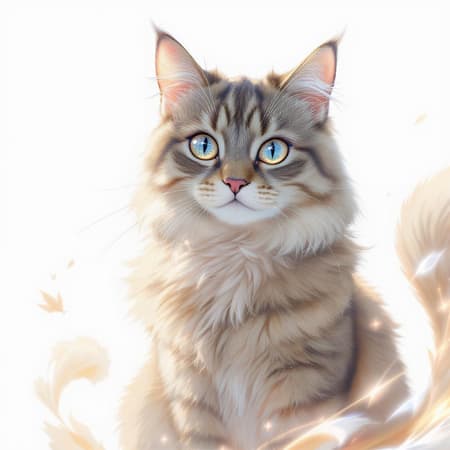 Tabby cat anime style featuring ultra-detailed feline eyes with a majestic and noble presence on a white background, inspired by fantasy elements and HD design similar to Makoto Shinkai and Granblue Fantasy. The scene includes glow effects, crafted in 8k UHD and HDR design. The cat is presented with an elegant pose, avoiding any mutations or cloning effects, ensuring symmetry and clarity. The focus is on capturing the beauty and grace of the feline without any distractions like low resolution or out-of-frame issues.